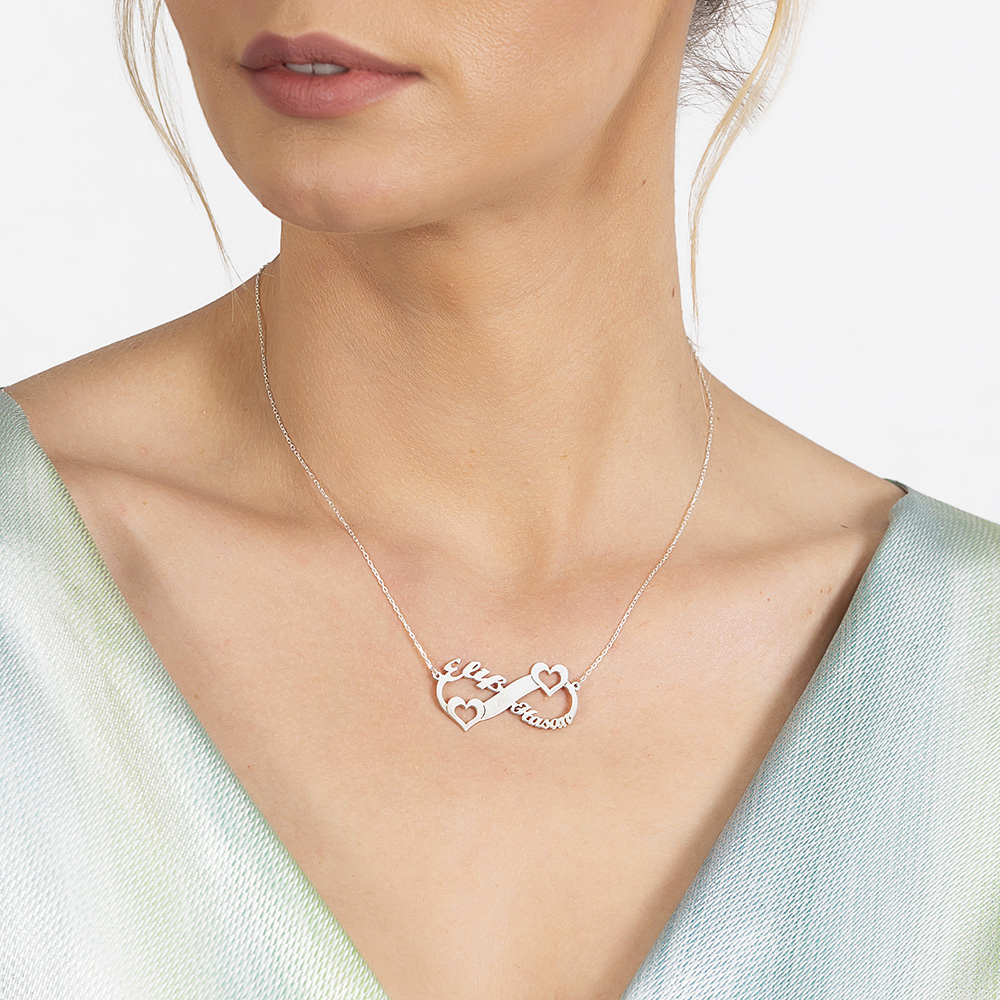 Kişiye Özel İsim Tarih Yazılı 925 Ayar Gümüş Sonsuzluk Kalp Kolye - 3