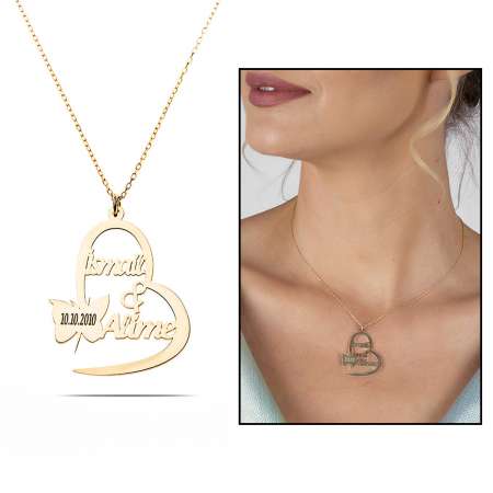 Kişiye Özel İsim Tarih Yazılı Gold Renk 925 Ayar Gümüş Kelebek Kalp Kolye - Tesbihane