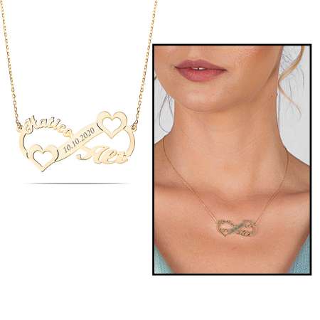 Kişiye Özel İsim Tarih Yazılı Gold Renk 925 Ayar Gümüş Sonsuzluk Kalp Kolye - Tesbihane