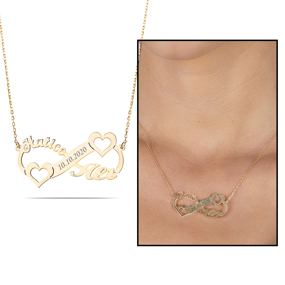 Kişiye Özel İsim Tarih Yazılı Gold Renk 925 Ayar Gümüş Sonsuzluk Kalp Kolye - 6