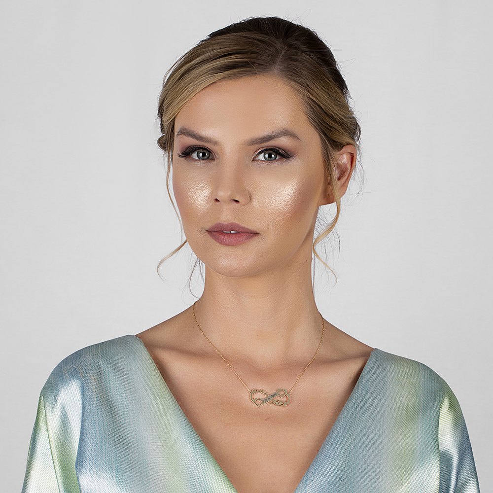 Kişiye Özel İsim Tarih Yazılı Gold Renk 925 Ayar Gümüş Sonsuzluk Kalp Kolye - 2