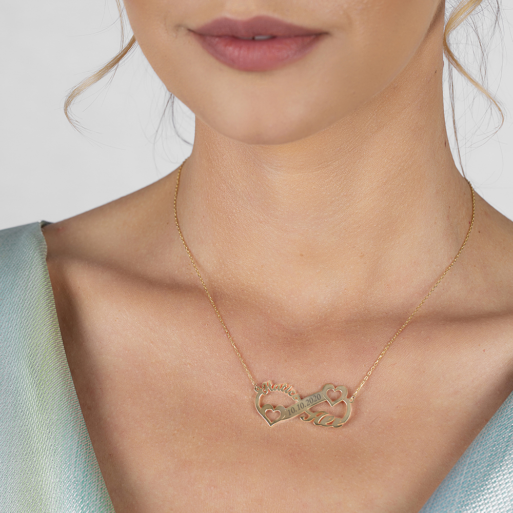 Kişiye Özel İsim Tarih Yazılı Gold Renk 925 Ayar Gümüş Sonsuzluk Kalp Kolye - 3