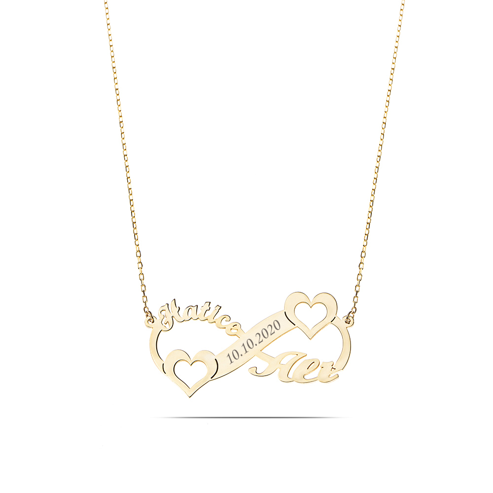 Kişiye Özel İsim Tarih Yazılı Gold Renk 925 Ayar Gümüş Sonsuzluk Kalp Kolye - 5