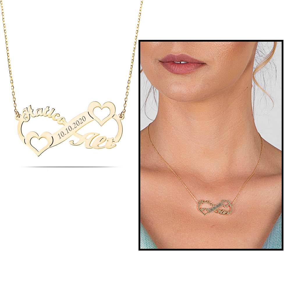 Kişiye Özel İsim Tarih Yazılı Gold Renk 925 Ayar Gümüş Sonsuzluk Kalp Kolye - 1