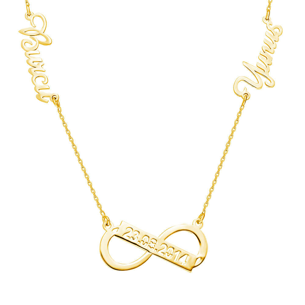 Kişiye Özel İsim ve Tarih Yazılı Altın Renk 925 Ayar Gümüş Sonsuzluk Kolye - 2