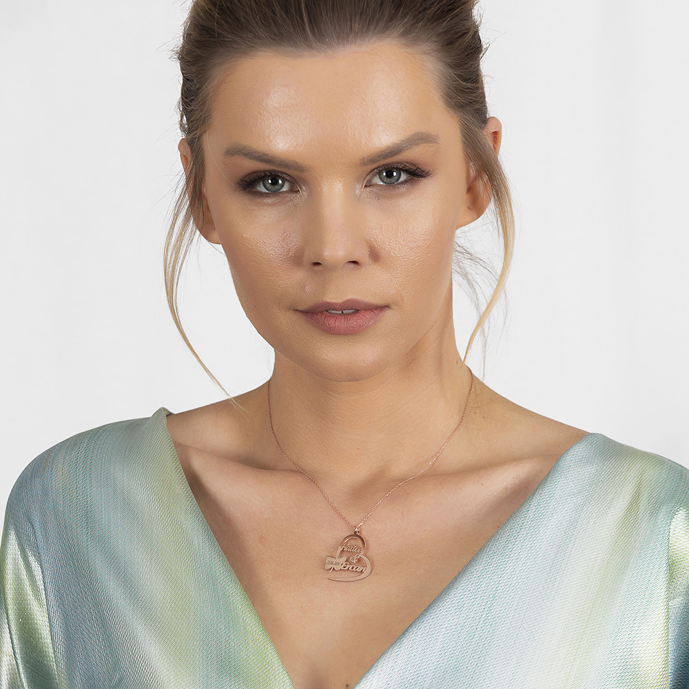 Kişiye Özel İsim Tarih Yazılı Rose Renk 925 Ayar Gümüş Kelebek Kalp Kolye - 2