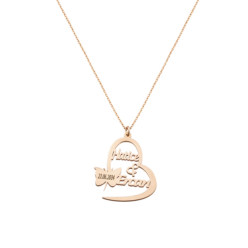 Kişiye Özel İsim Tarih Yazılı Rose Renk 925 Ayar Gümüş Kelebek Kalp Kolye - 4
