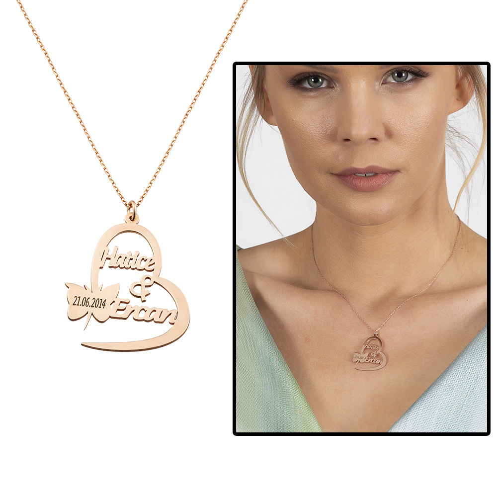 Kişiye Özel İsim Tarih Yazılı Rose Renk 925 Ayar Gümüş Kelebek Kalp Kolye - 1