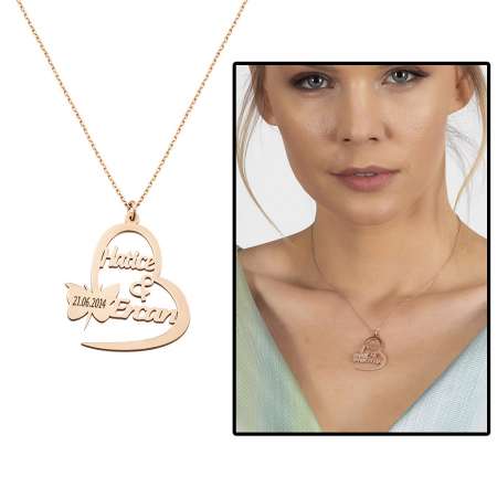 Kişiye Özel İsim Tarih Yazılı Rose Renk 925 Ayar Gümüş Kelebek Kalp Kolye - Tesbihane