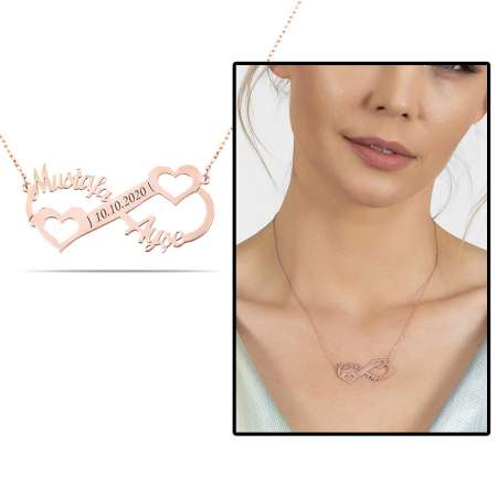 Kişiye Özel İsim Tarih Yazılı Rose Renk 925 Ayar Gümüş Sonsuzluk Kalp Kolye - Tesbihane