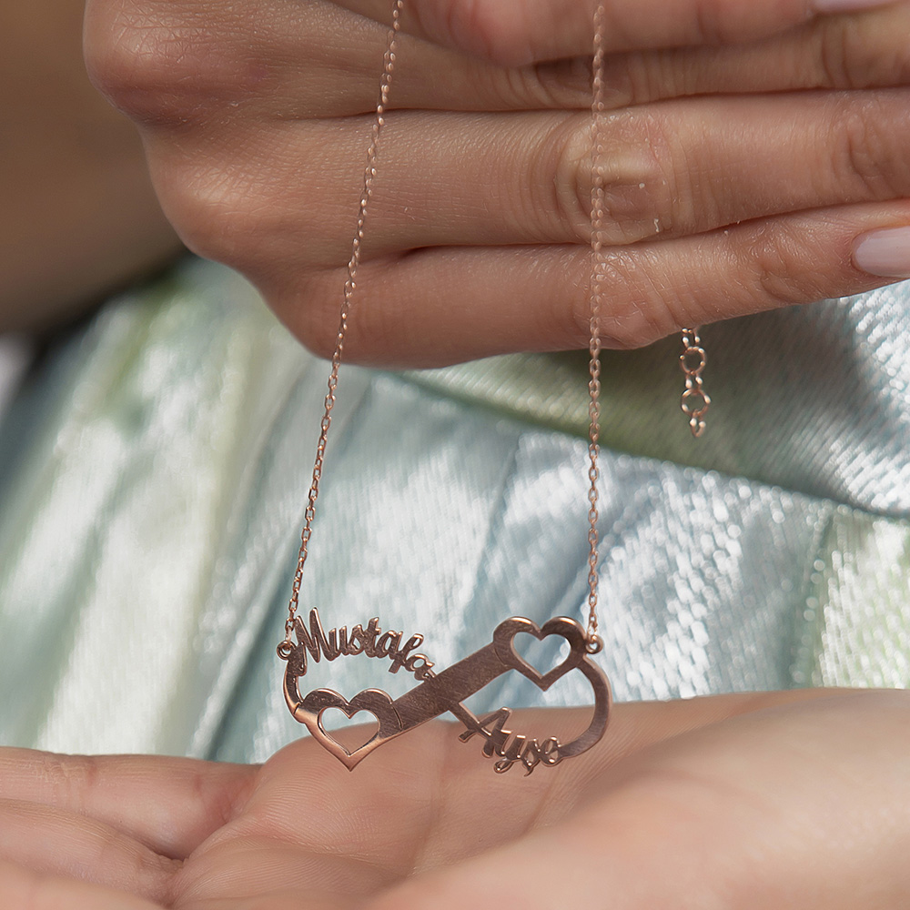 Kişiye Özel İsim Tarih Yazılı Rose Renk 925 Ayar Gümüş Sonsuzluk Kalp Kolye - 5