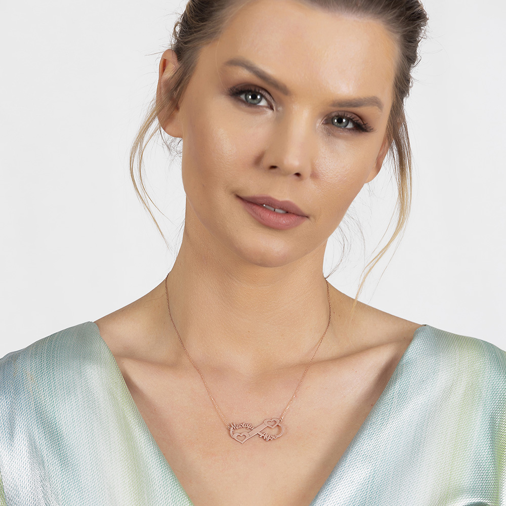 Kişiye Özel İsim Tarih Yazılı Rose Renk 925 Ayar Gümüş Sonsuzluk Kalp Kolye - 3