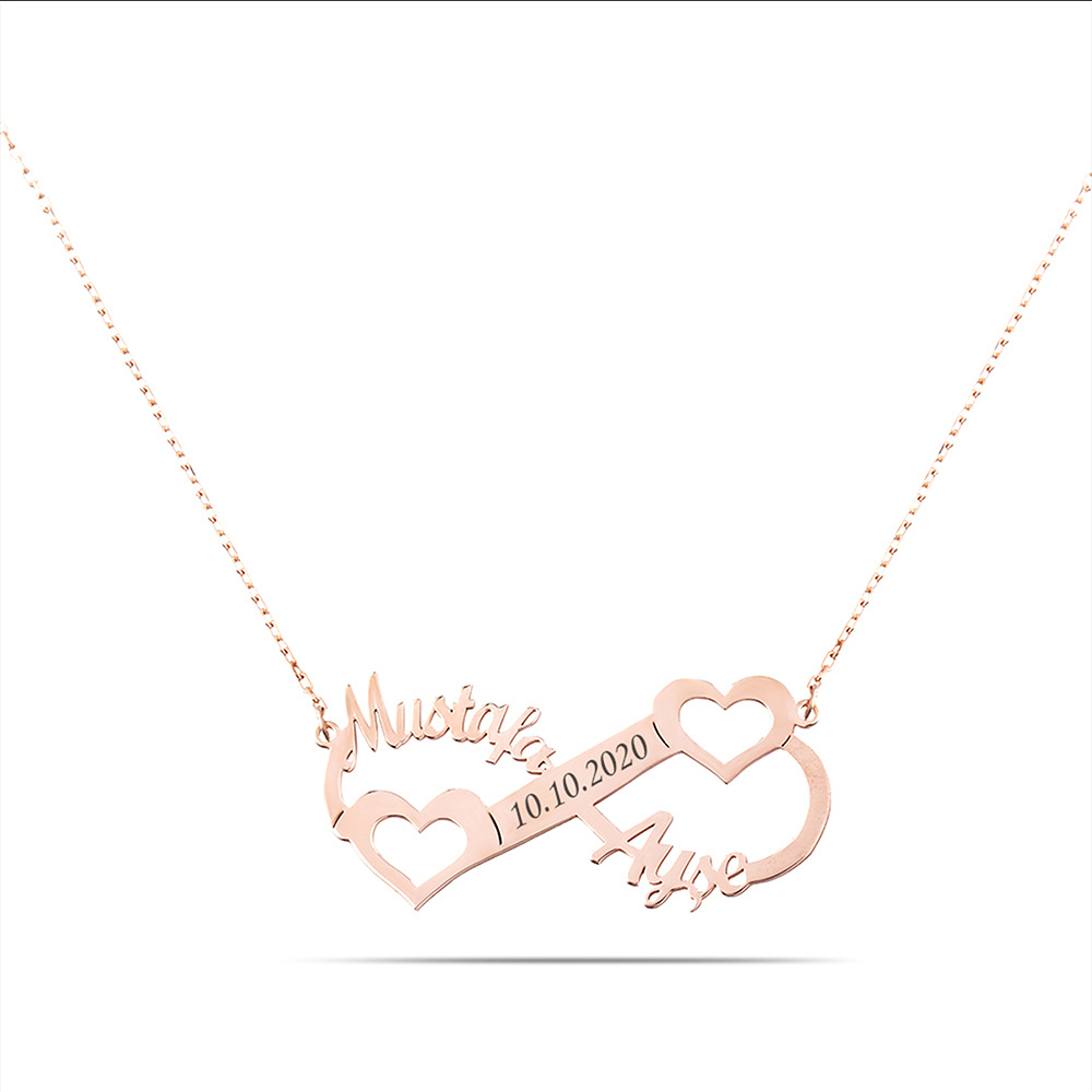 Kişiye Özel İsim Tarih Yazılı Rose Renk 925 Ayar Gümüş Sonsuzluk Kalp Kolye - 4