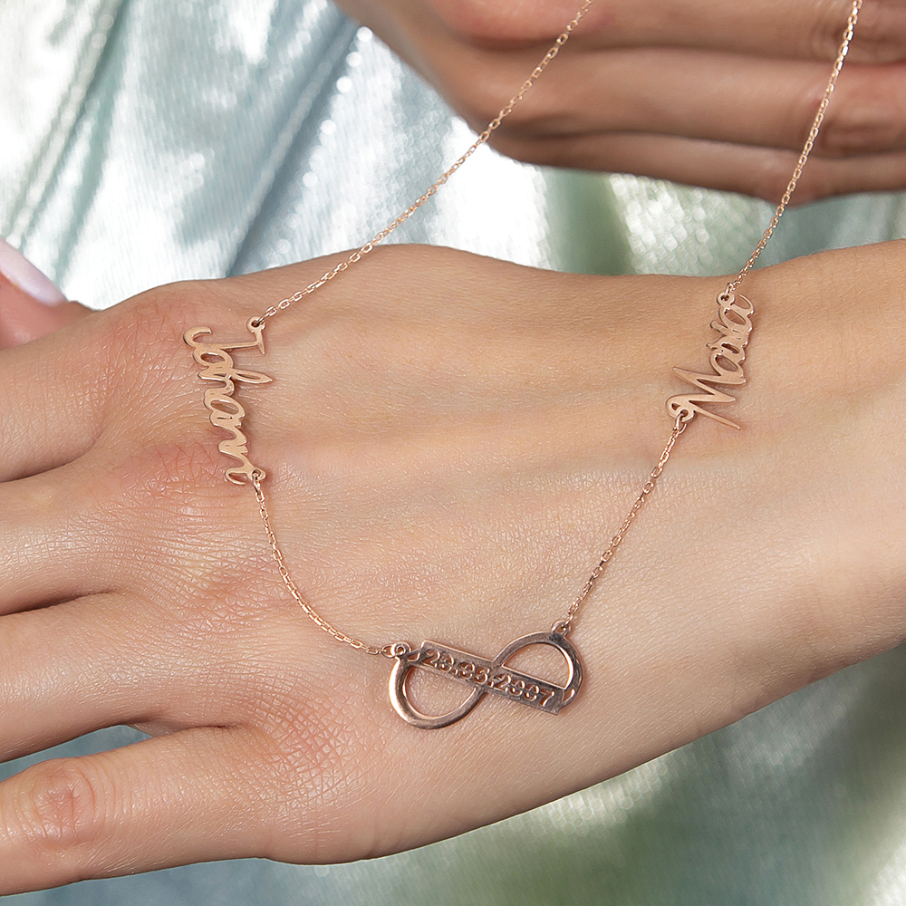 Kişiye Özel İsim ve Tarih Yazılı Rose Renk 925 Ayar Gümüş Sonsuzluk Kolye - 5