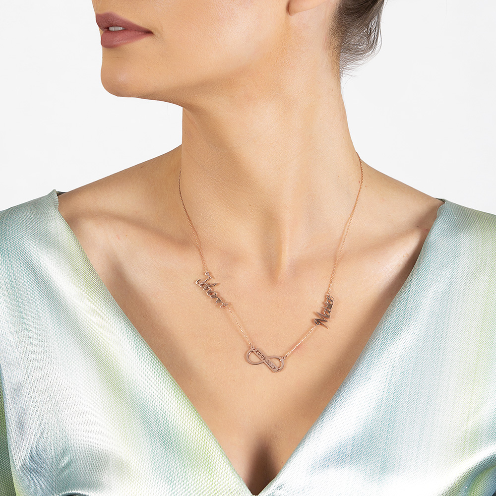 Kişiye Özel İsim ve Tarih Yazılı Rose Renk 925 Ayar Gümüş Sonsuzluk Kolye - 3