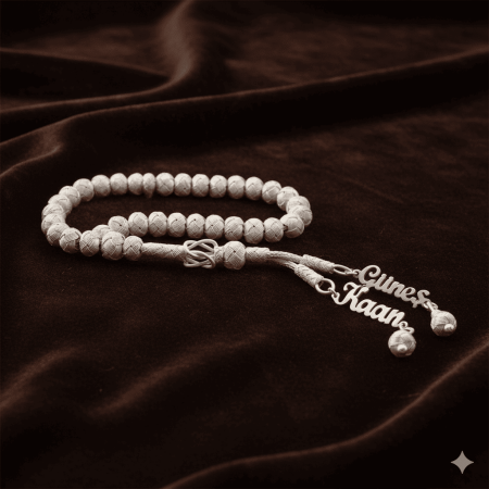 El İşçiliği Tekerlek Kesim Gümüş Renk İsim Yazılı 1000 Ayar Gümüş Kazaz Tesbih - Tesbihane