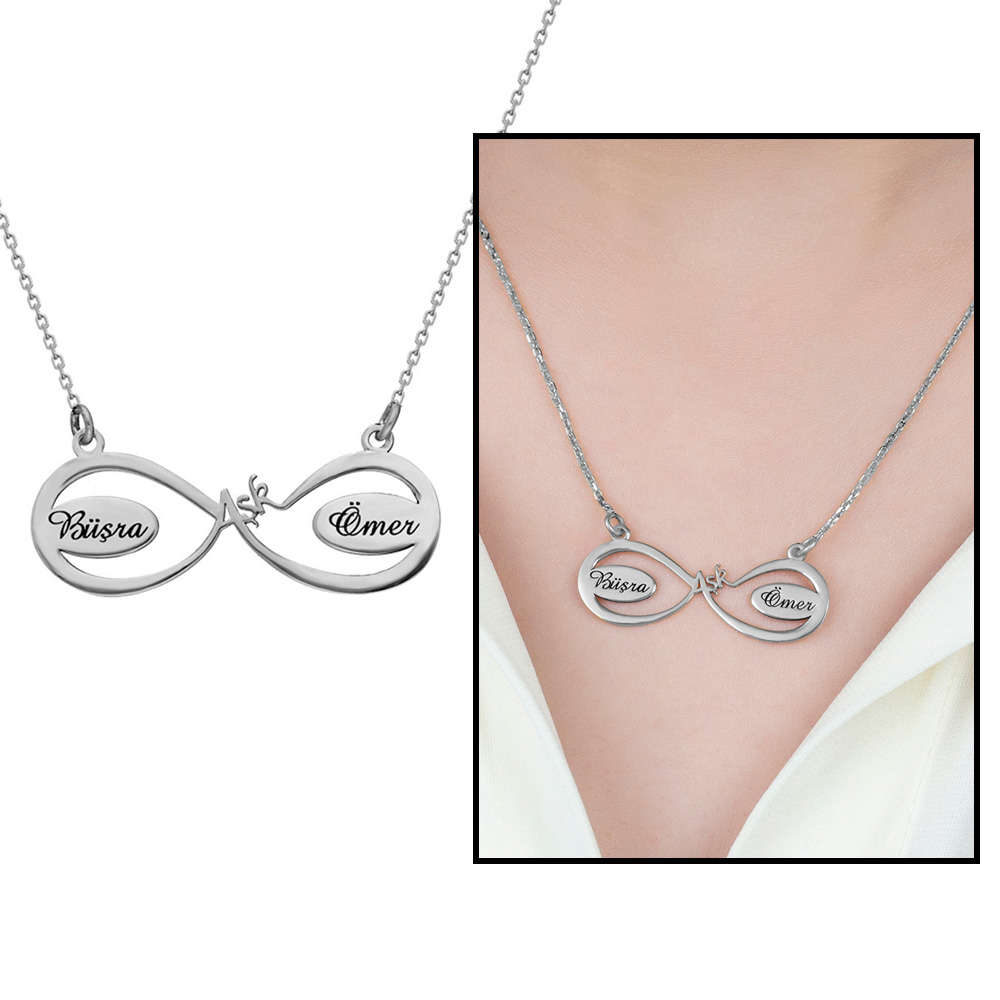 İsme Özel Yazılı 925 Ayar Gümüş Aşk Sonsuzluk Kolye - 1