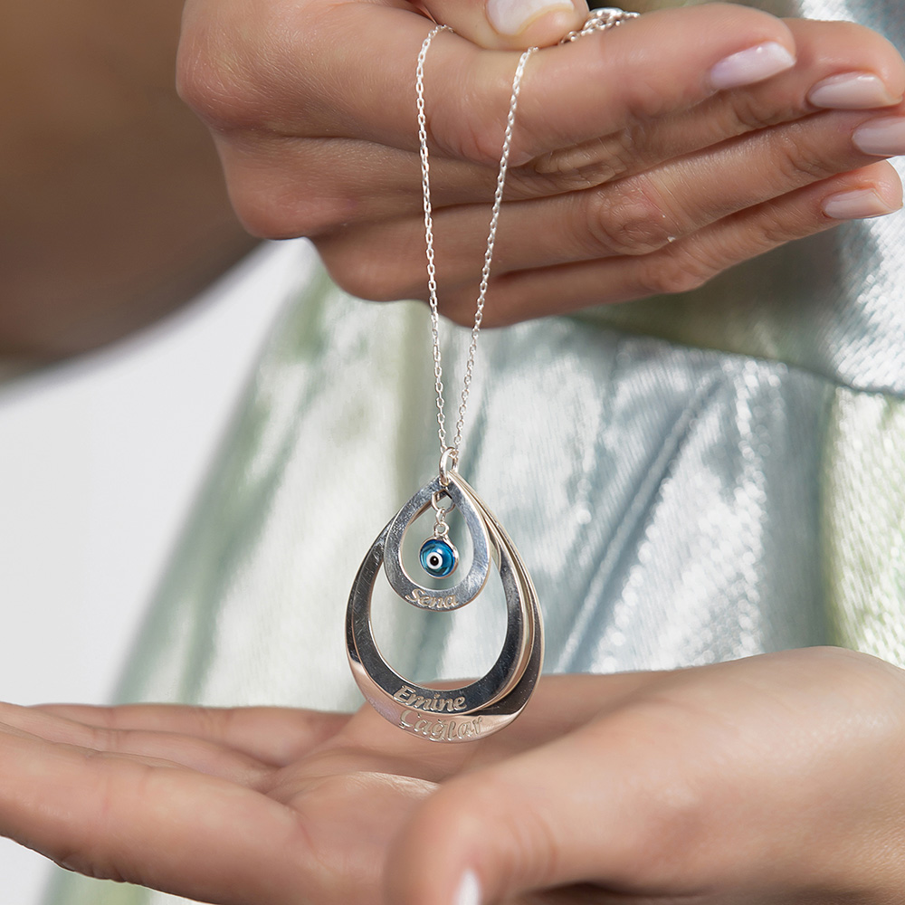 İsme Özel Yazılı 925 Ayar Gümüş Bayan Üç Damla Kolye - 5