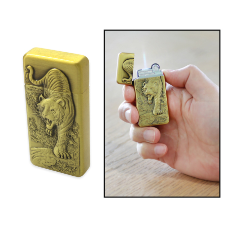 İsme Özel Yazılı Antik Sarı Renk Kaplan Figürlü Taşlı Çakmak - Tesbihane