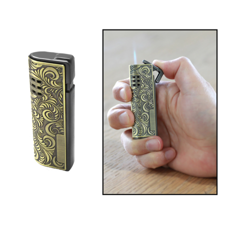 Kişiye Özel Yazılı Antik Sarı Renk Sarmaşık İşlemeli Manyetolu Çakmak - Tesbihane