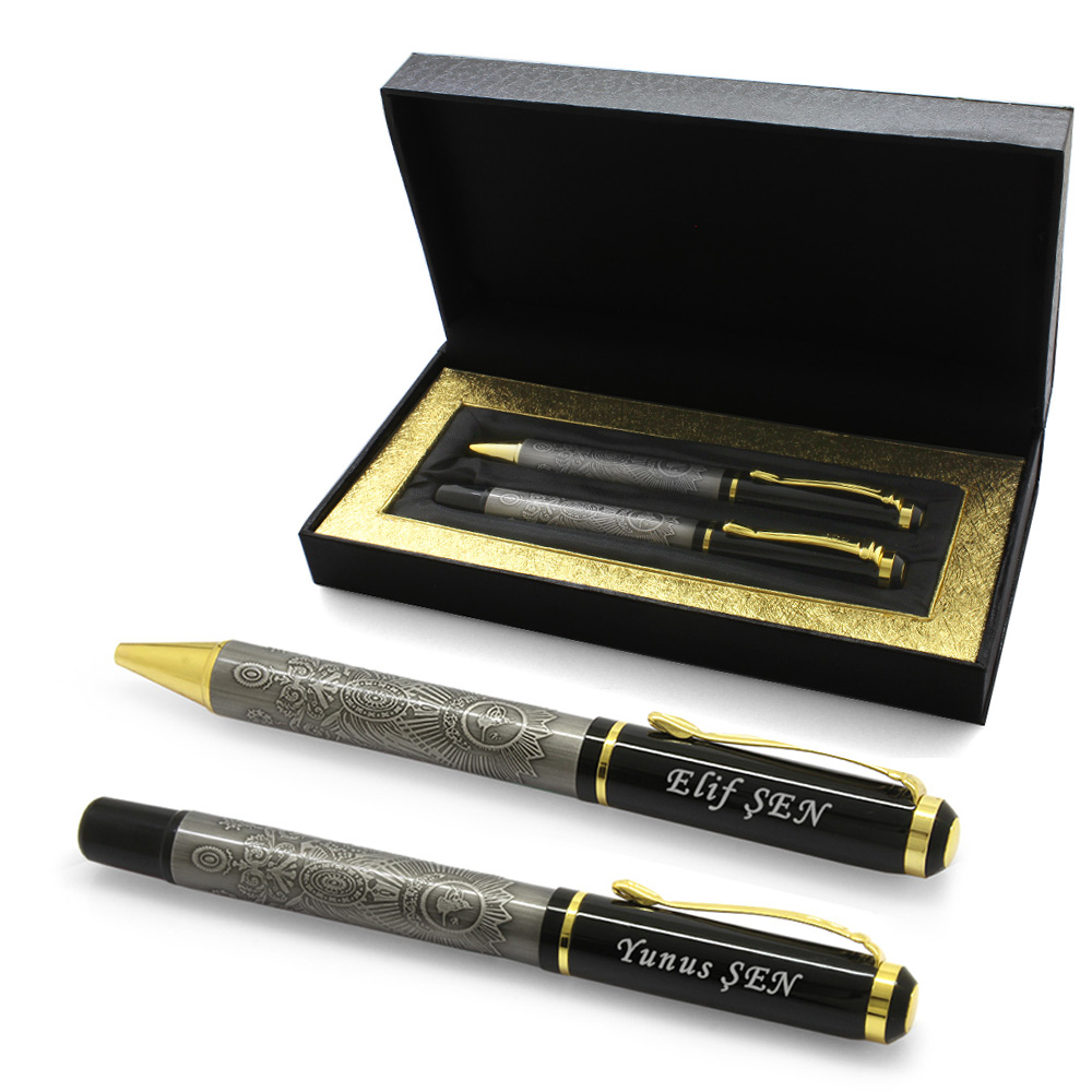 İsme Özel Yazılı Arma Desenli Roller Tükenmez Kalem Seti - 1