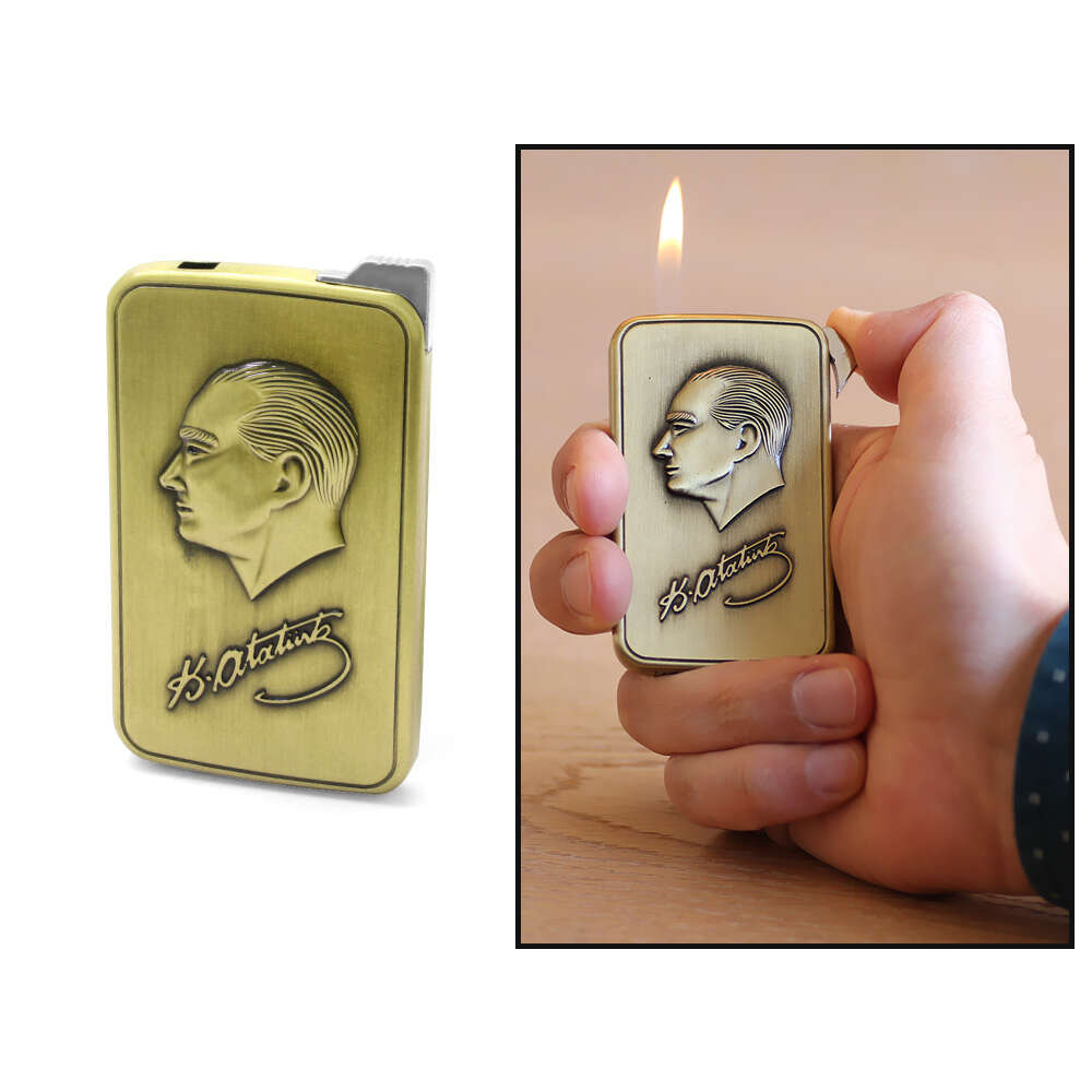 Kişiye Özel İsim Yazılı Atatürk Temalı Eskitme Bronz Renk Manyotorlu Metal Çakmak - 1