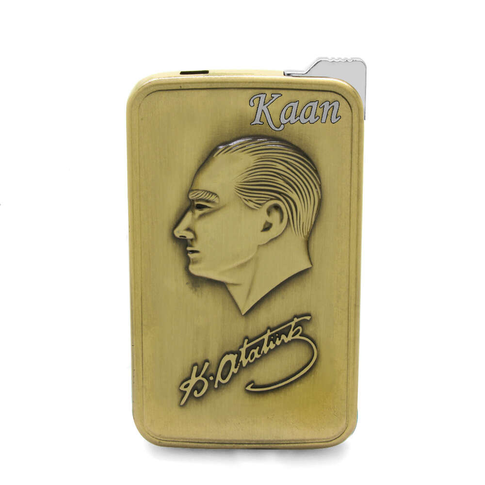 Kişiye Özel İsim Yazılı Atatürk Temalı Eskitme Bronz Renk Manyotorlu Metal Çakmak - 3