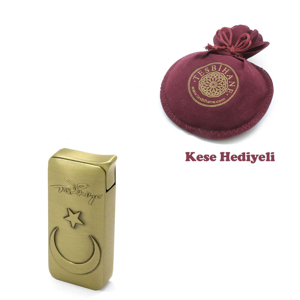 Kişiye Özel İsim Yazılı Ay Yıldız Temalı Bronz Renk Manyotorlu Metal Çakmak - 4