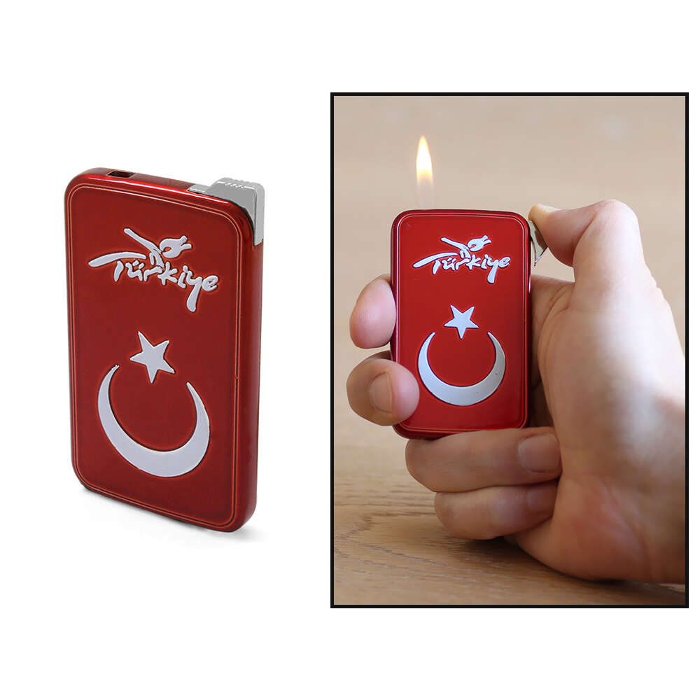 İsme Özel Yazılı Ay Yıldız Temalı Yandan Mekanizmalı Kırmızı Beyaz Renk Manyotorlu Metal Çakmak - 1