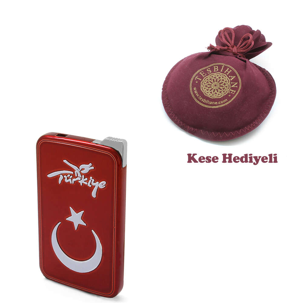 İsme Özel Yazılı Ay Yıldız Temalı Yandan Mekanizmalı Kırmızı Beyaz Renk Manyotorlu Metal Çakmak - 4