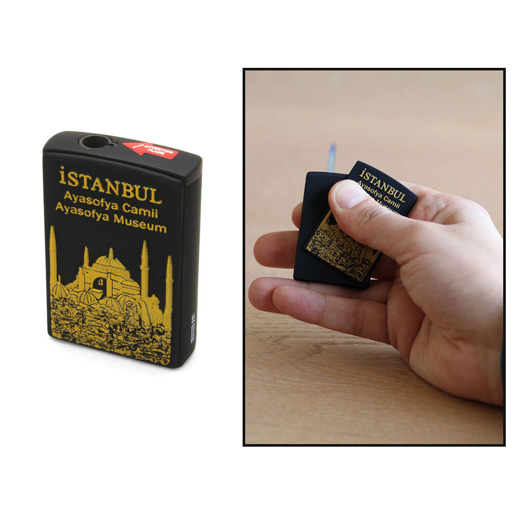 Kişiye Özel İsim Yazılı Ayasofya Camii Temalı Yandan Mekanizmalı Mat Siyah Renk Manyotorlu Metal Çakmak - 1