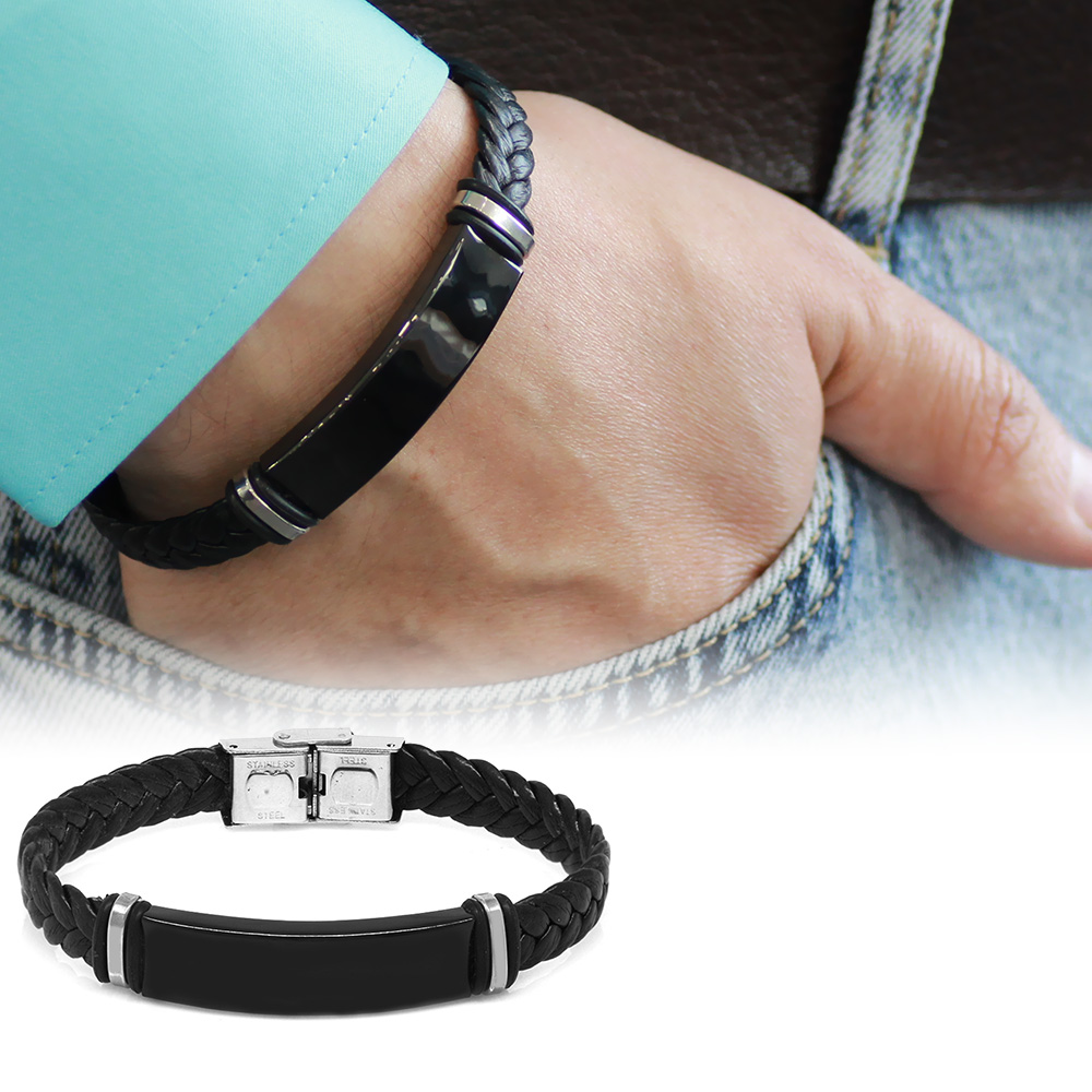 İsme Özel Yazılı Balık Sırtı Tasarım Çelik Deri Kombinli Erkek Bileklik - M1 - 1