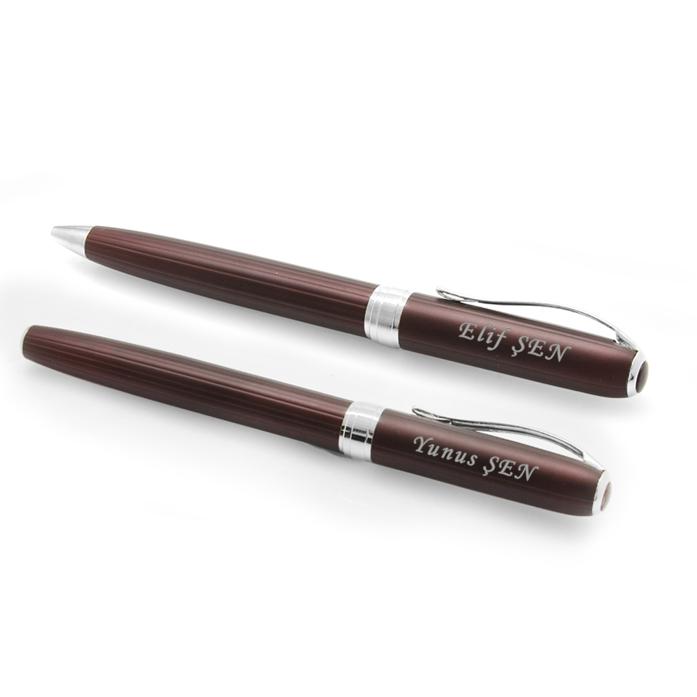 İsme Özel Yazılı Bordo Renk Roller Tükenmez Kalem Seti - 2