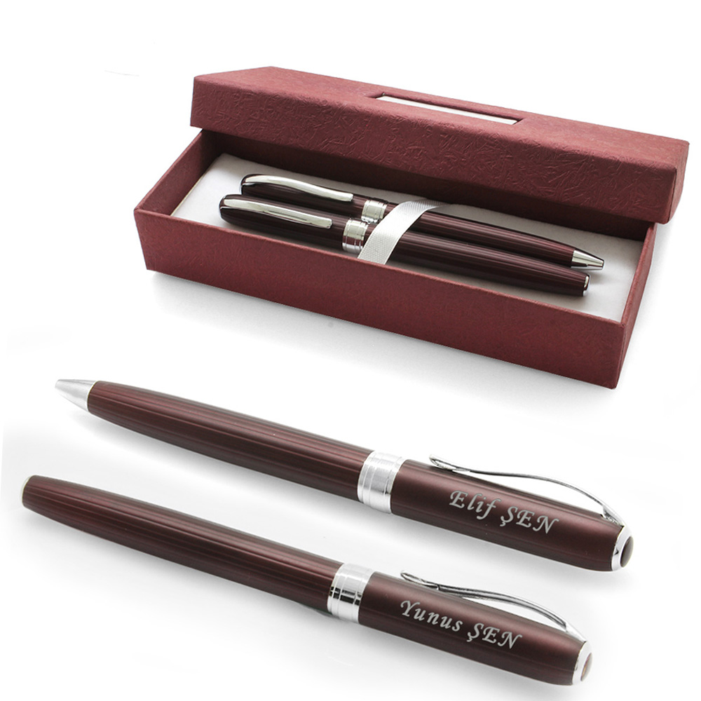 İsme Özel Yazılı Bordo Renk Roller Tükenmez Kalem Seti - 1