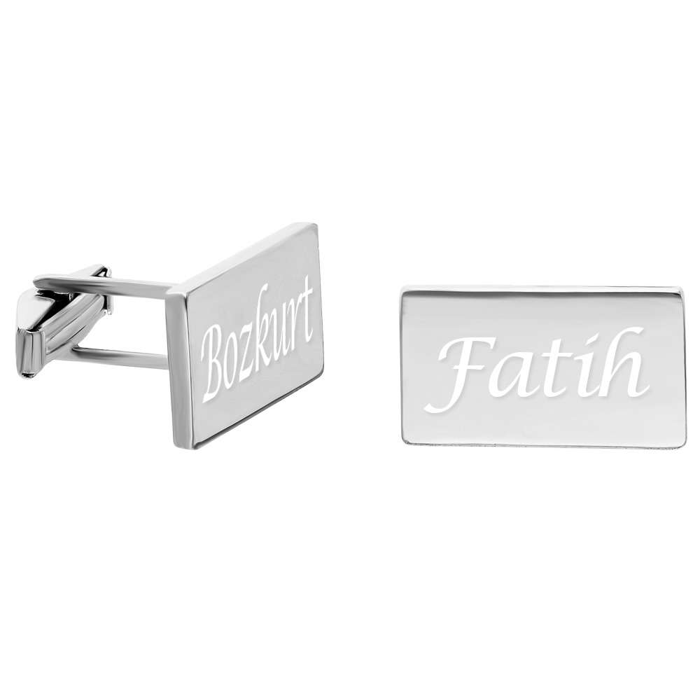 İsme Özel Yazılı Dörtgen Tasarım 925 Ayar Gümüş Kol Düğmesi - 1