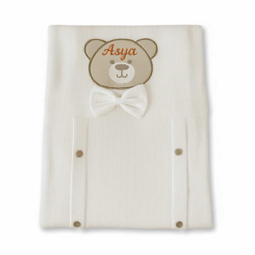 İsme Özel Nakışlı Fiyonklu Ayıcık Desenli Ekru Bebek Battaniyesi - 3