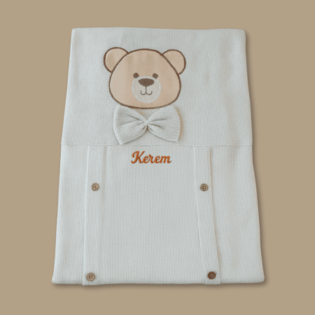 İsme Özel Nakışlı Fiyonklu Ayıcık Desenli Mint Yeşil Bebek Battaniyesi - Tesbihane