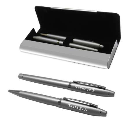 İsme Özel Yazılı Füme Renk Şık Kutulu Roller Tükenmez Kalem Seti - Tesbihane