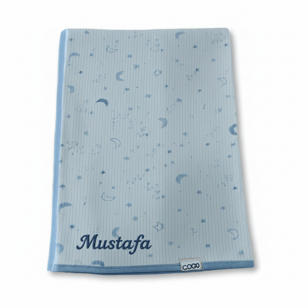 İsme Özel Nakışlı Gökyüzü Temalı Mavi Bebek Battaniyesi - 4
