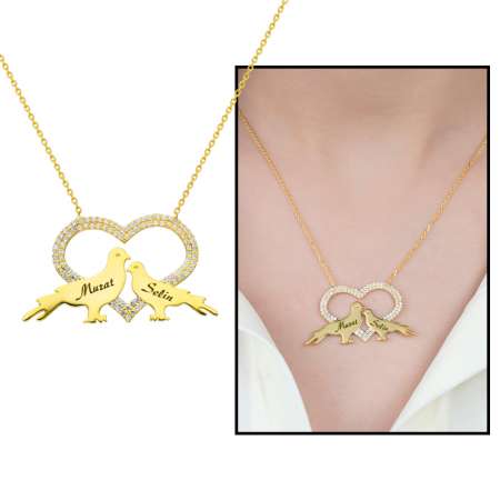 Kişiye Özel İsim Yazılı Altın Renk 925 Ayar Gümüş Kalp Güvercin Kolye - Tesbihane