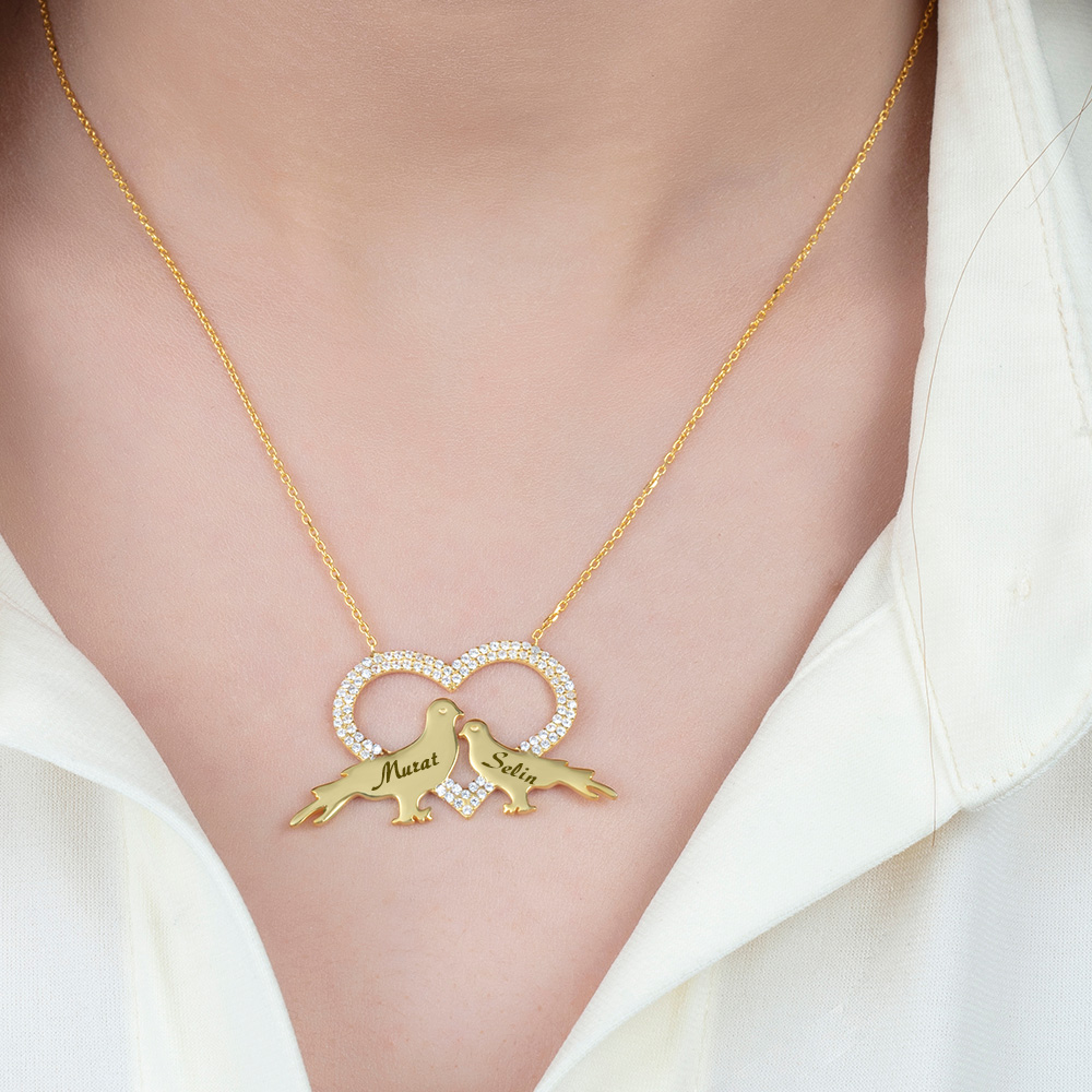 Kişiye Özel İsim Yazılı Altın Renk 925 Ayar Gümüş Kalp Güvercin Kolye - 2