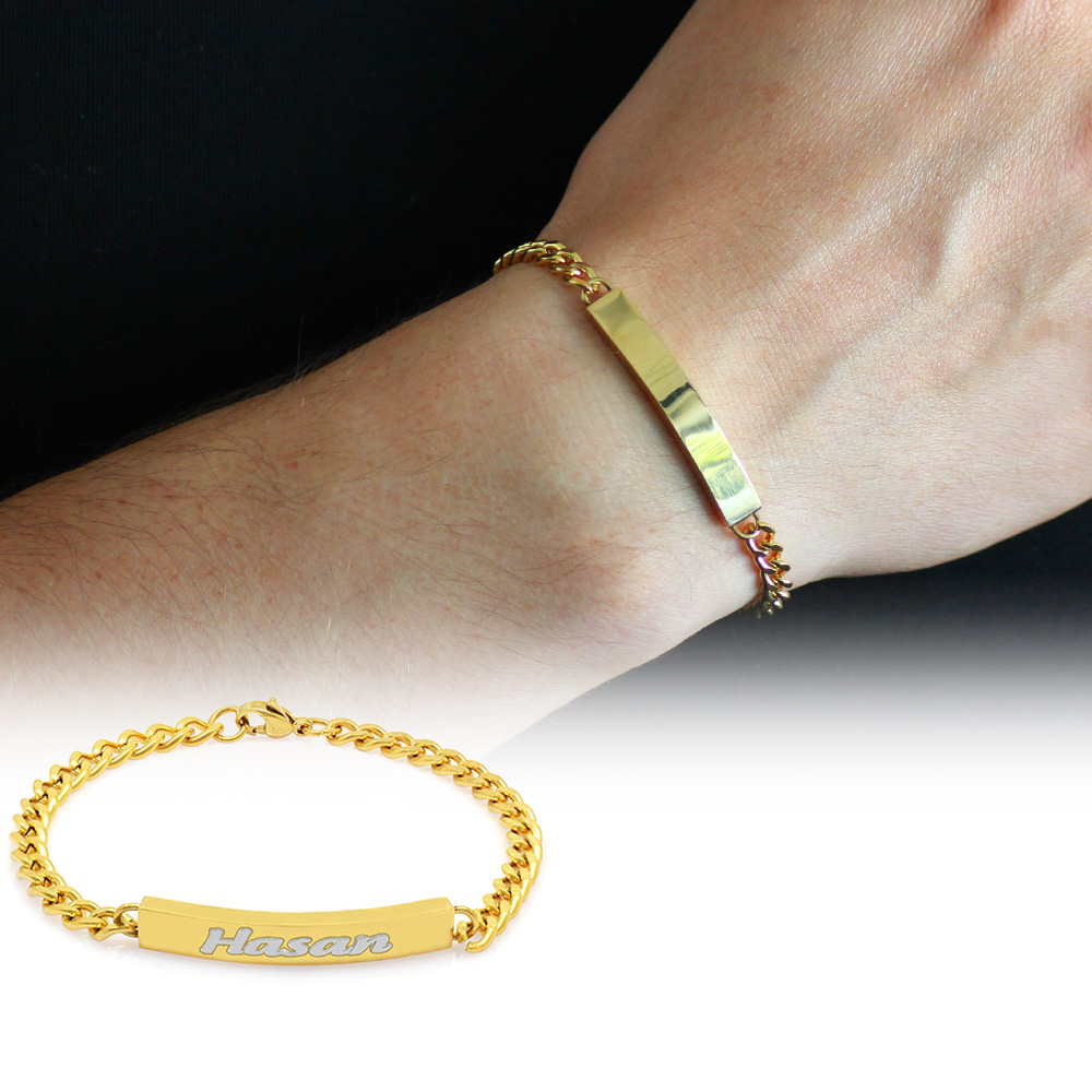Kişiye Özel İsim Yazılı Altın Renk Çelik Erkek Gurmet Bileklik - 1