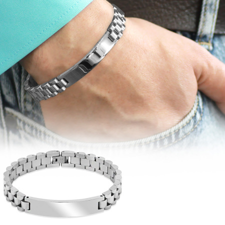 İsme Özel Yazılı Gümüş Renk Kalın Çelik Erkek Bileklik - Tesbihane