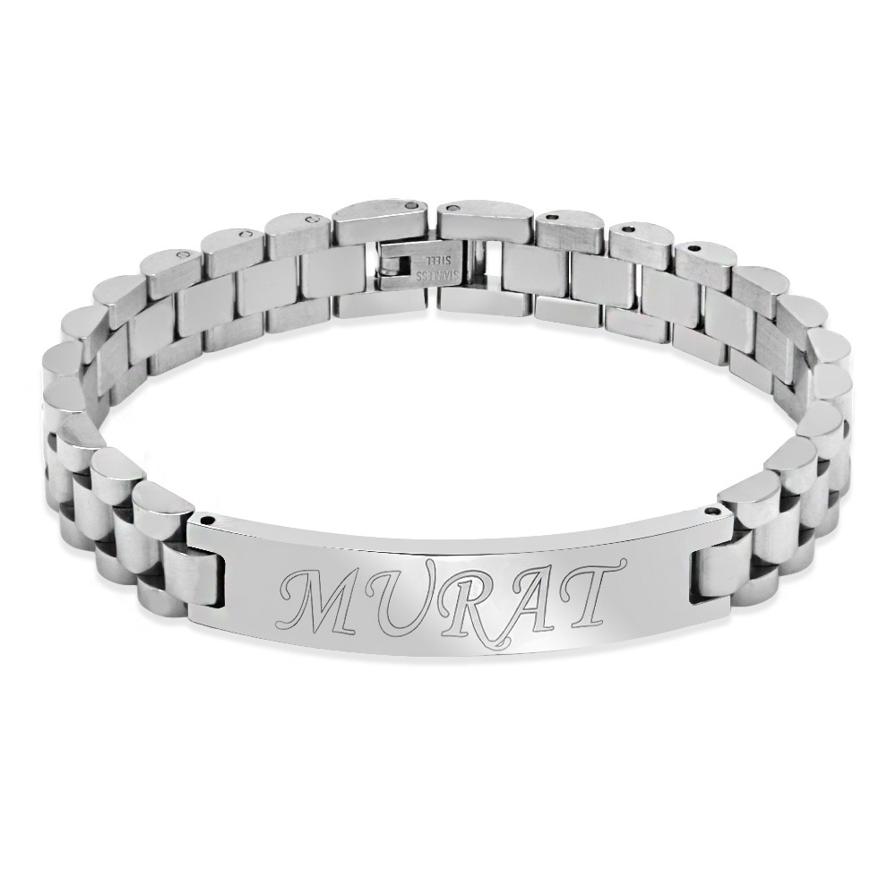 İsme Özel Yazılı Gümüş Renk Kalın Çelik Erkek Bileklik - 7