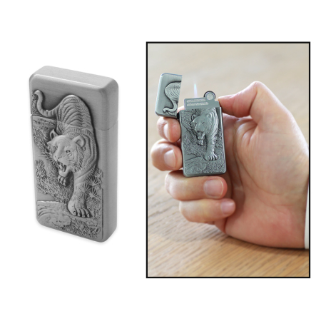 İsme Özel Yazılı Gümüş Renk Kaplan Figürlü Taşlı Çakmak - Tesbihane