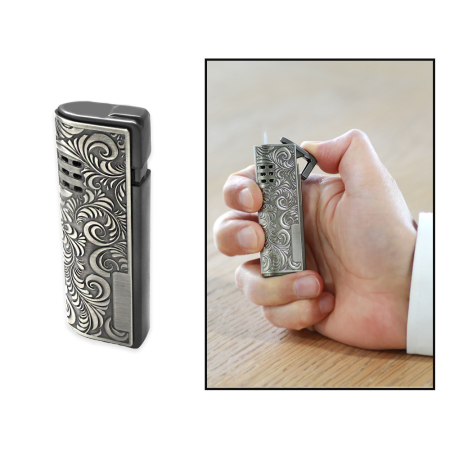 Kişiye Özel Yazılı Gümüş Renk Sarmaşık İşlemeli Manyetolu Çakmak - Tesbihane