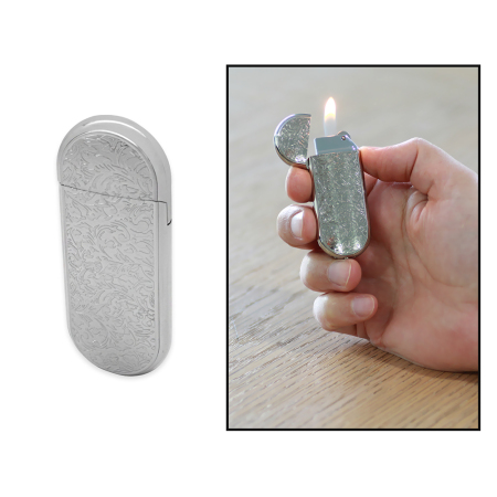 İsme Özel Yazılı Gümüş Renk Sarmaşık İşlemeli Oval Tasarım Taşlı Çakmak - Tesbihane