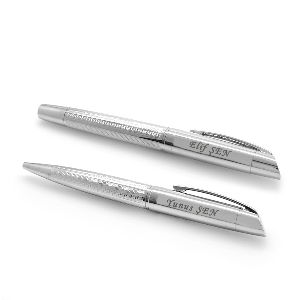İsme Özel Yazılı Gümüş Renk Şık Kutulu Roller Tükenmez Kalem Seti - 2