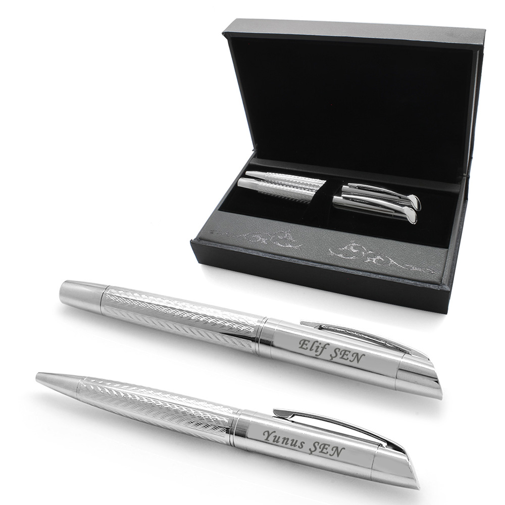 İsme Özel Yazılı Gümüş Renk Şık Kutulu Roller Tükenmez Kalem Seti - 1