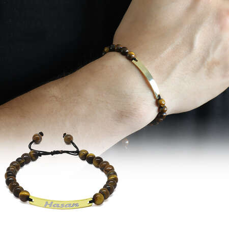 Kişiye Özel İsim Yazılı Kaplan Gözü Doğaltaş Çelik Kombinli Unisex Bileklik - Tesbihane